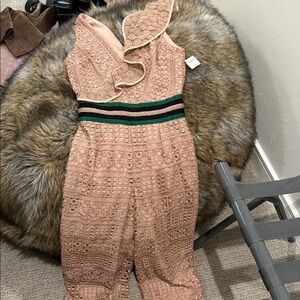 SAYLOR Blush Pink Lace Jumpsuit with Green and Black Waistband